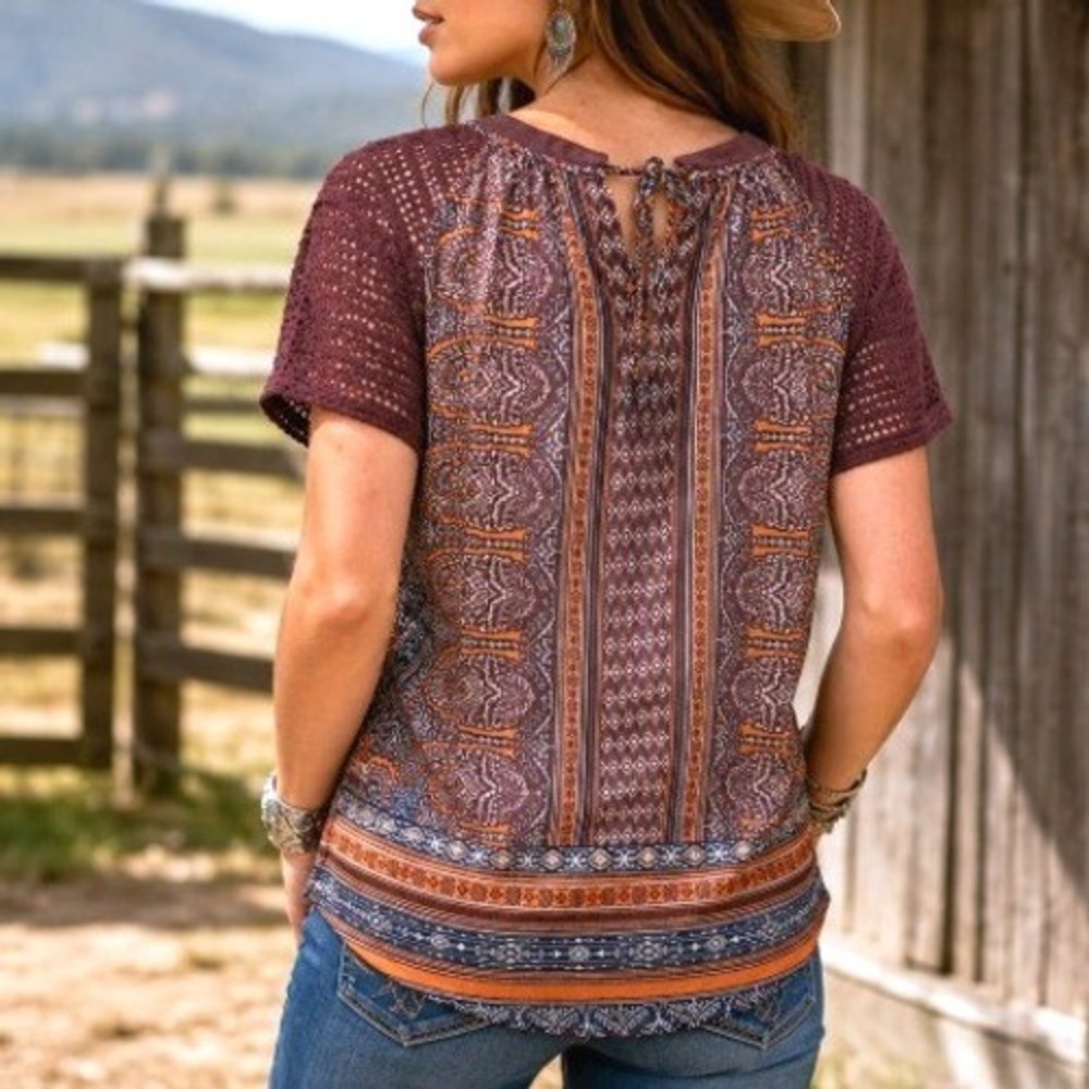 Miss Me Burgundy Red Sheer Tribal Print Tie Back Crochet Sleeve Boho Blouse L